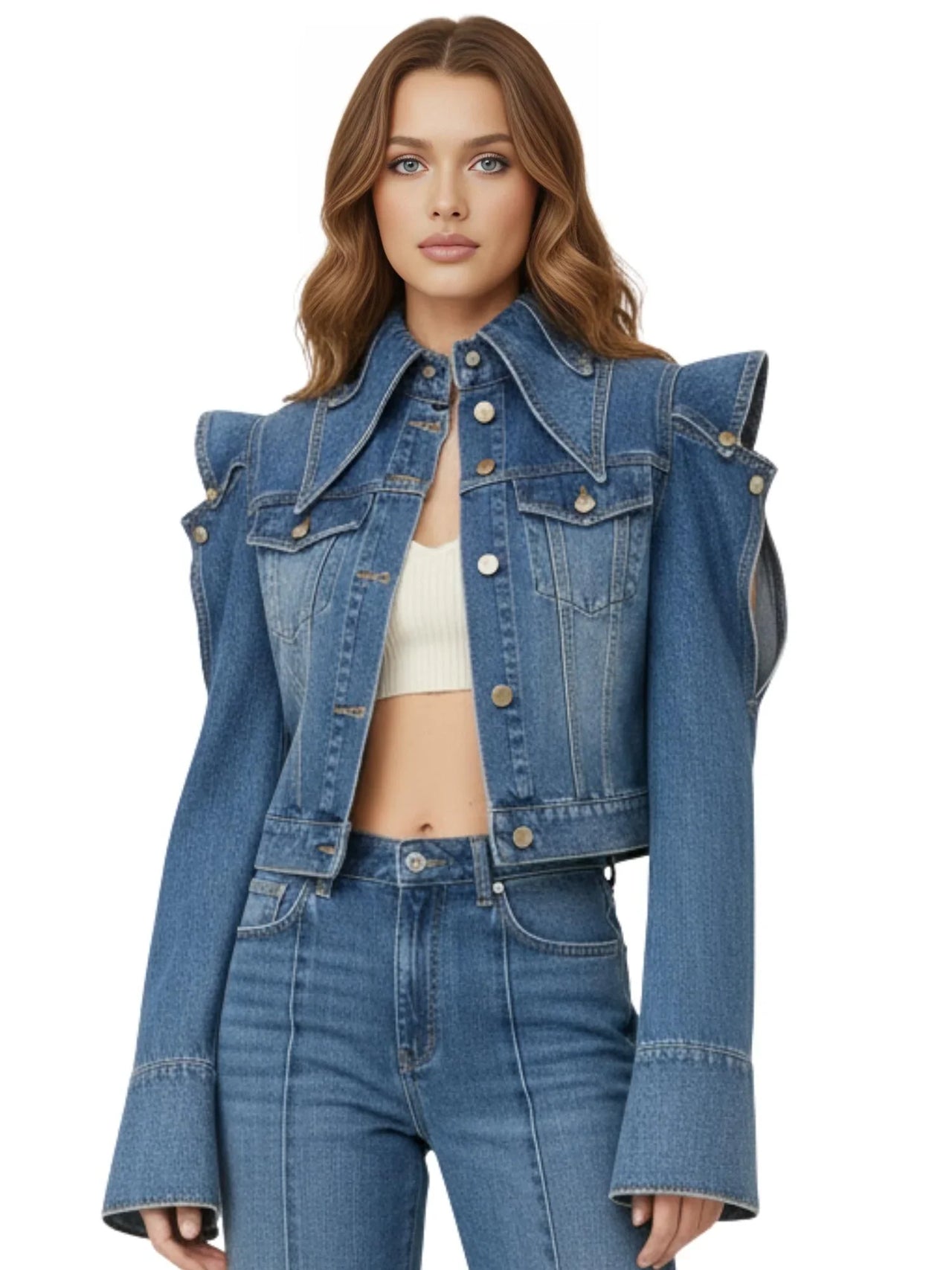 New Trendy Women's Ruffled Edge Shoulder Denim Jacket Autumn Fashion Lapel Long Sleeve Jacket Female