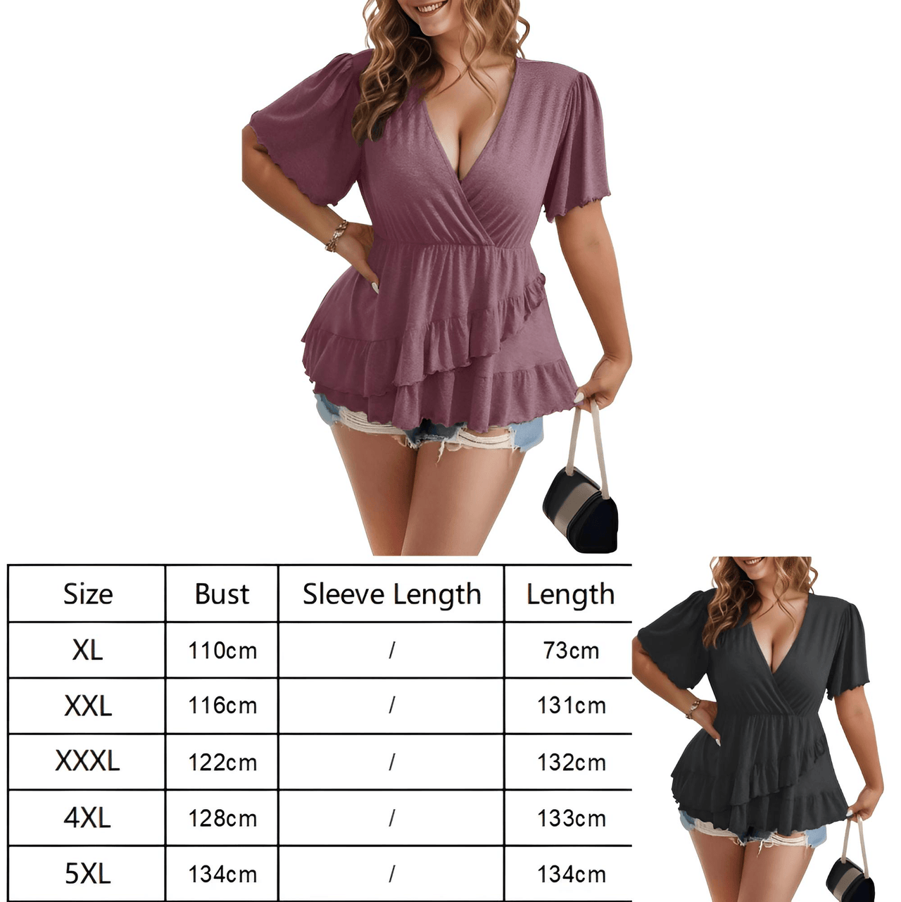 New Women's Ruffled Plus Size Shirts European and American Casual Solid Color Shirts, Drestiny, Casual Shirts, Plus Size Casual Shirts, Short Sleeves, Black, Navy, Purple, Burgundy, XL, XXL, 2XL, 3XL, 4XL, 5XL, United States, USA, Canada, Australia, New Zealand, United Kingdom, UK, plus size ruffle sleeve top, womens plus size ruffled blouse, plus size peplum top with ruffles, ruffled plus size shirt for women, shopdrestiny.com