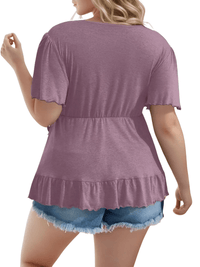 Thumbnail for New Women's Ruffled Plus Size Shirts European and American Casual Solid Color Shirts, Drestiny, Casual Shirts, Plus Size Casual Shirts, Short Sleeves, Black, Navy, Purple, Burgundy, XL, XXL, 2XL, 3XL, 4XL, 5XL, United States, USA, Canada, Australia, New Zealand, United Kingdom, UK, plus size ruffle sleeve top, womens plus size ruffled blouse, plus size peplum top with ruffles, ruffled plus size shirt for women, plus size purple tops for women, shopdrestiny.com