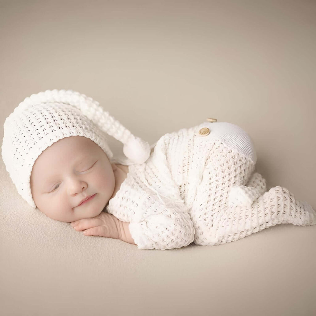 White Newborn Photography Knit Crochet Hat + Romper 2Pcs/Set