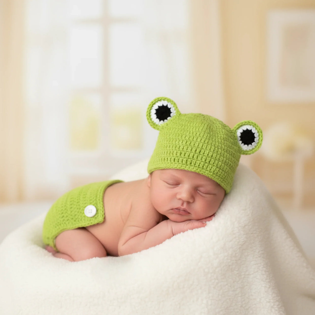 Newborn baby wearing a green frog hat and matching diaper cover on a white blanket.