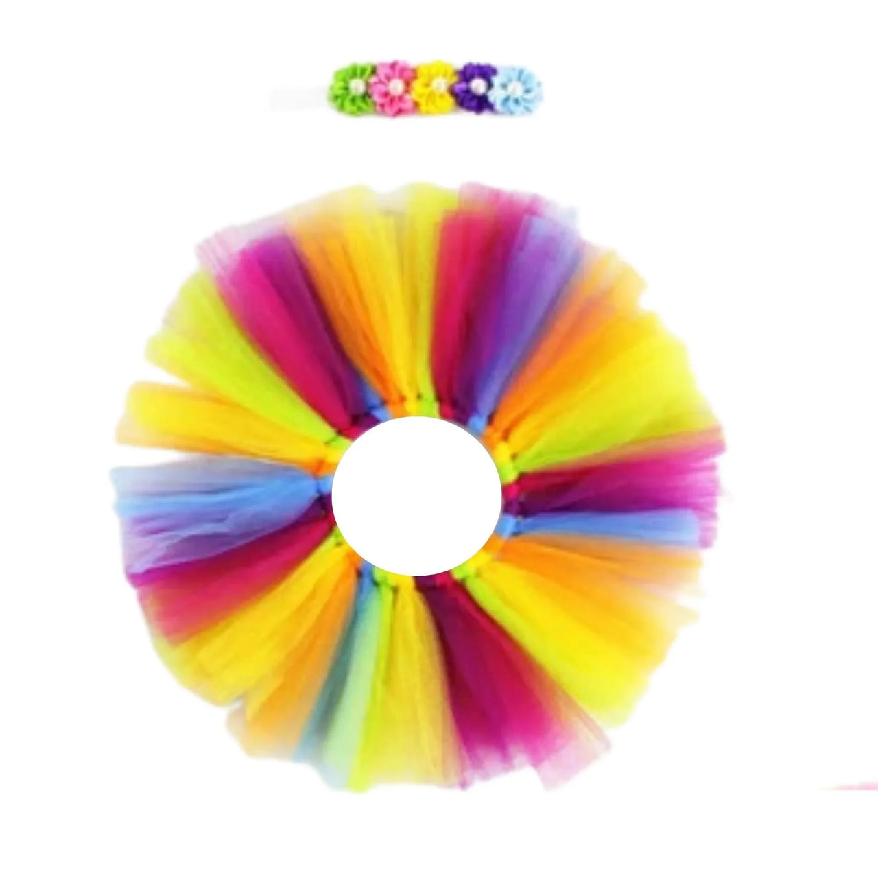 Colorful tutu skirt with a small headband on a white background