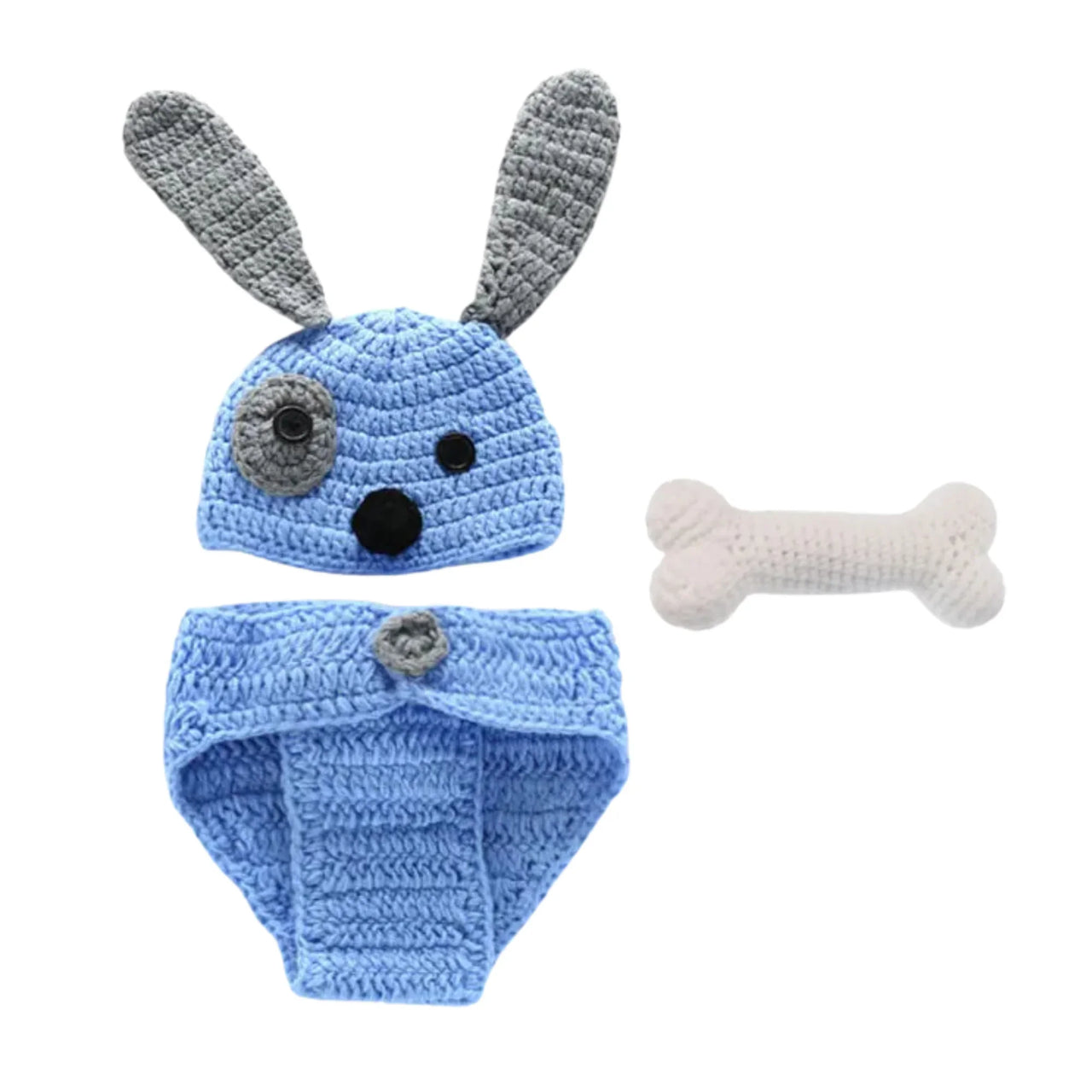 Blue crochet dog outfit with bunny ears and a bone toy on a white background