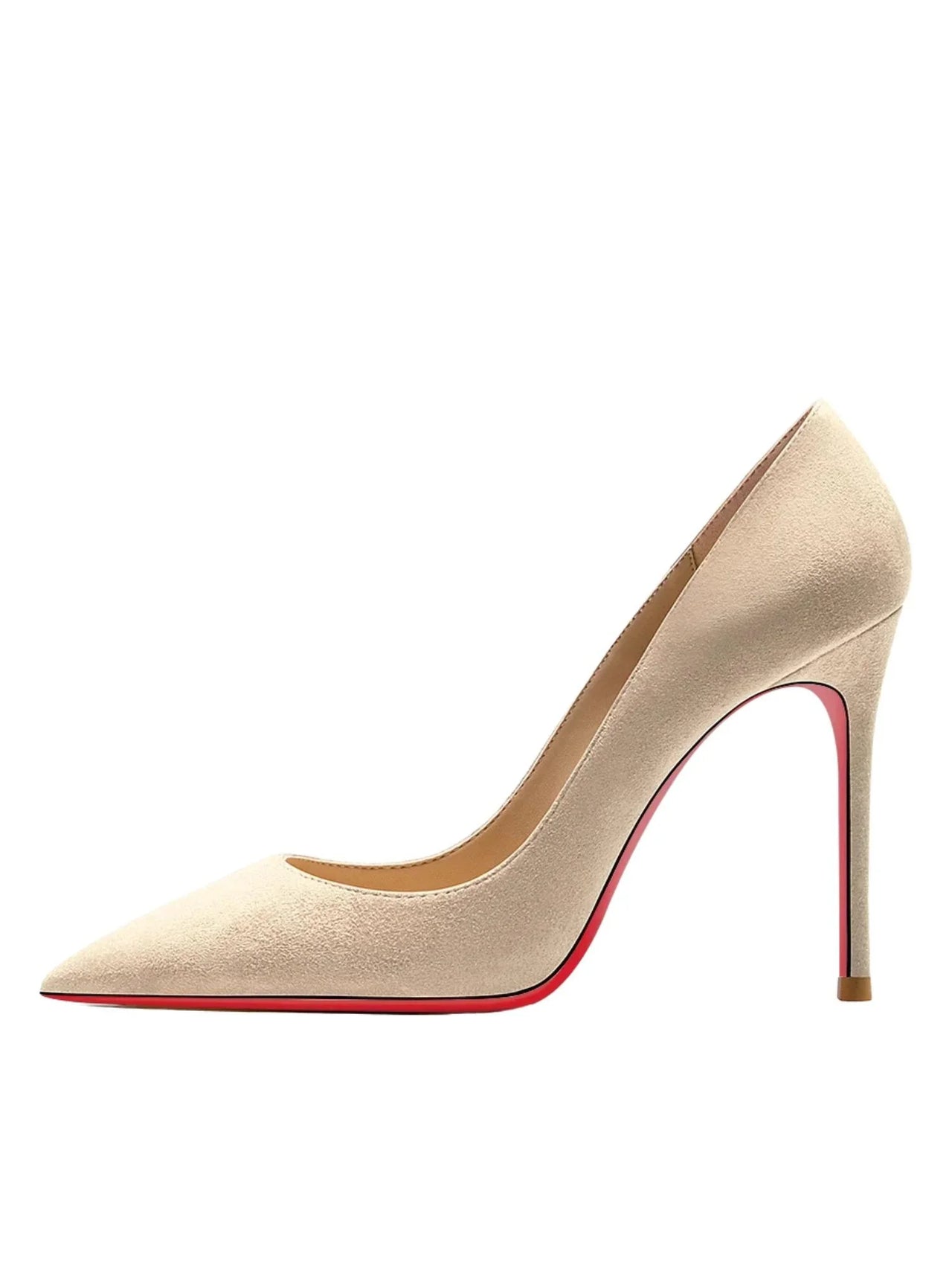 Nude high-heeled shoe with red sole on a white background