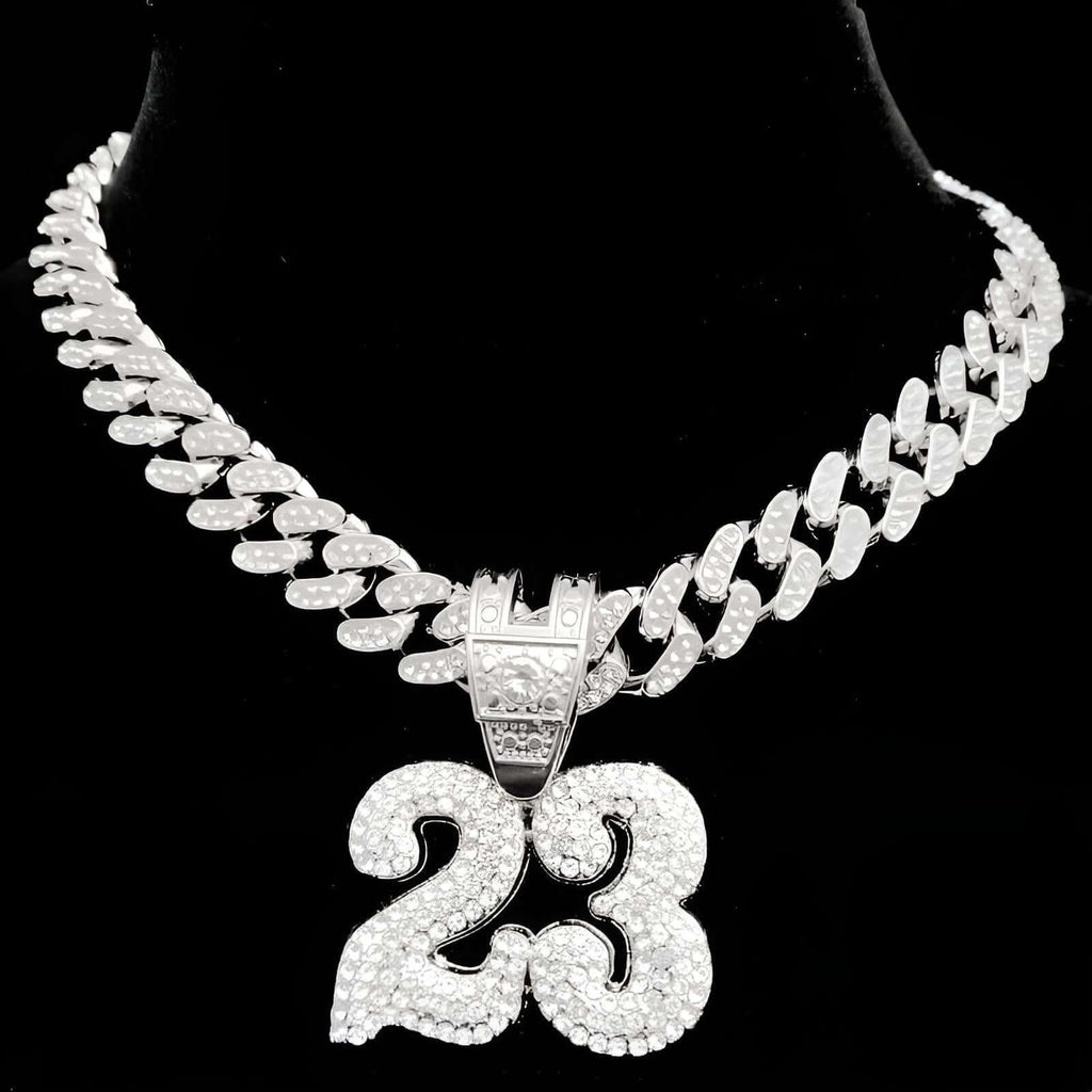 Number 23 Silver Necklace With Crystal Cuban Chain