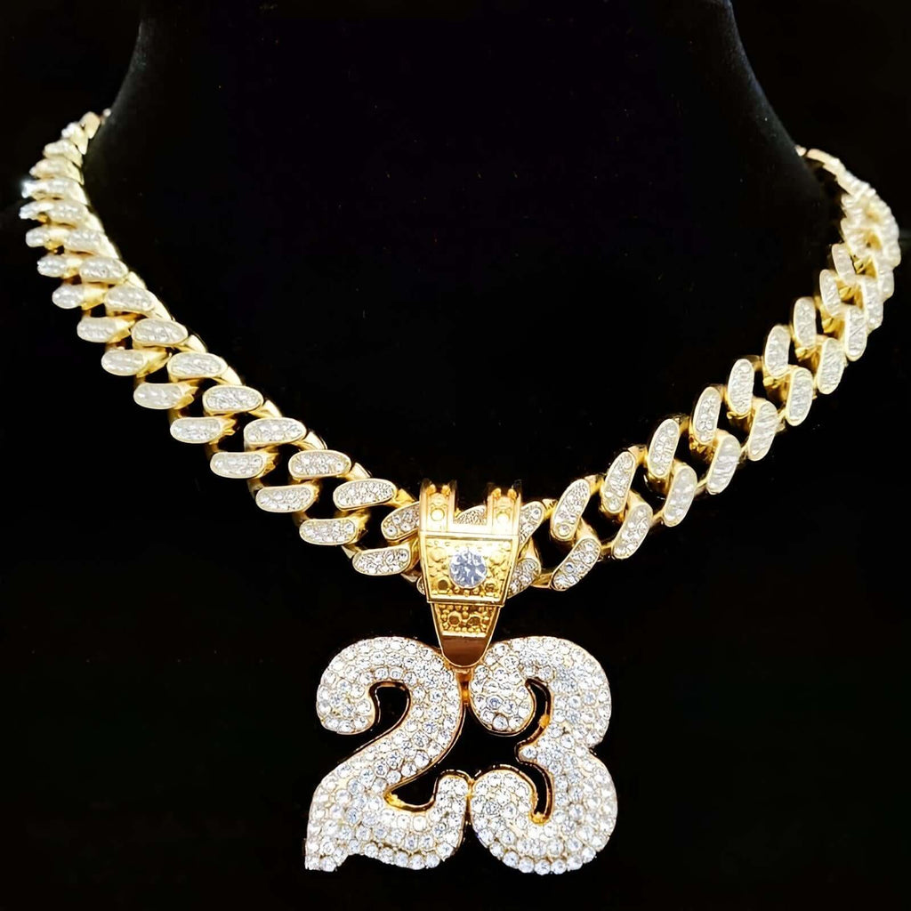 Number 23 Gold Necklace With Crystal Cuban Chain