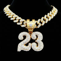 Thumbnail for Gold necklace with a '23' pendant on a black background