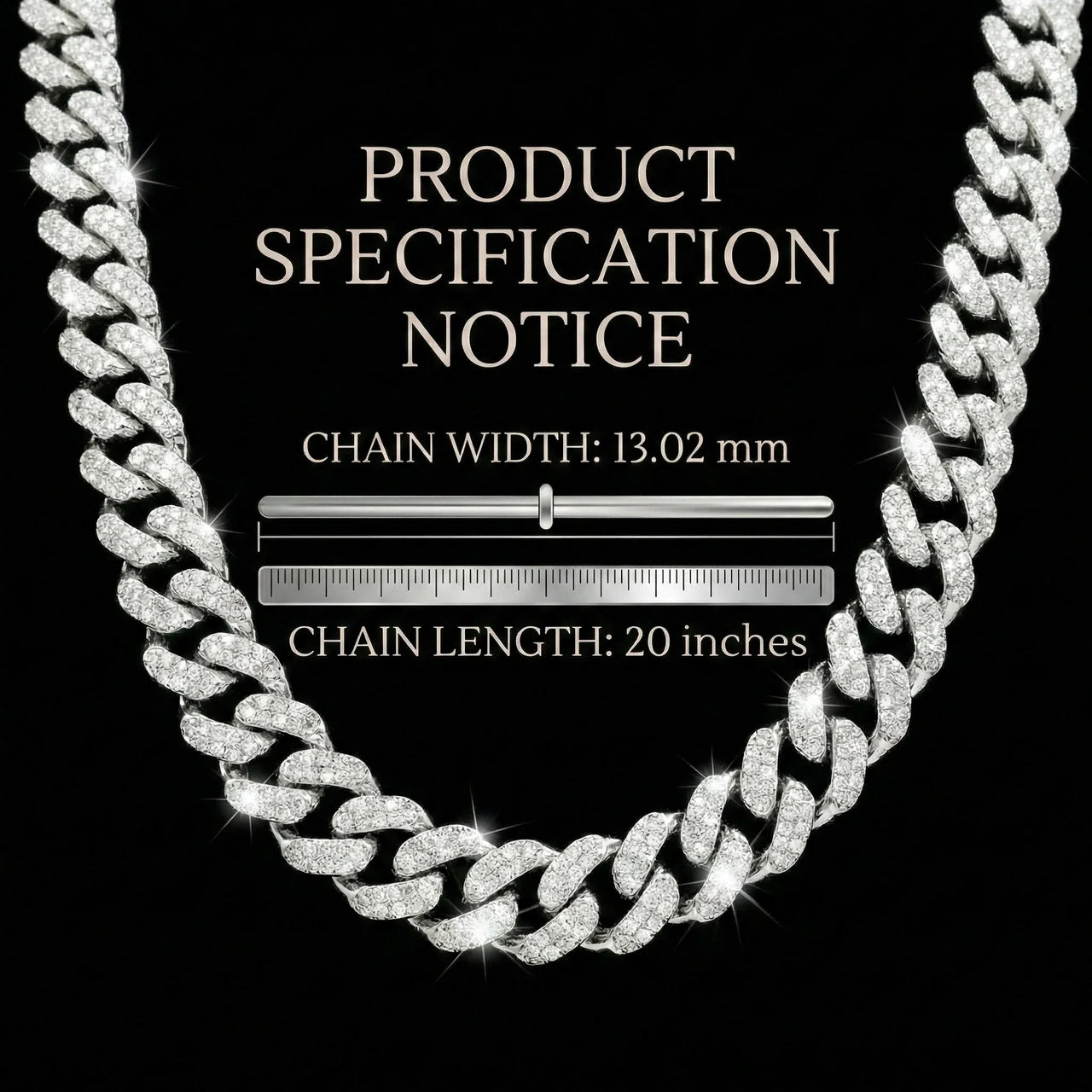 Silver chain necklace with measurement details on a black background