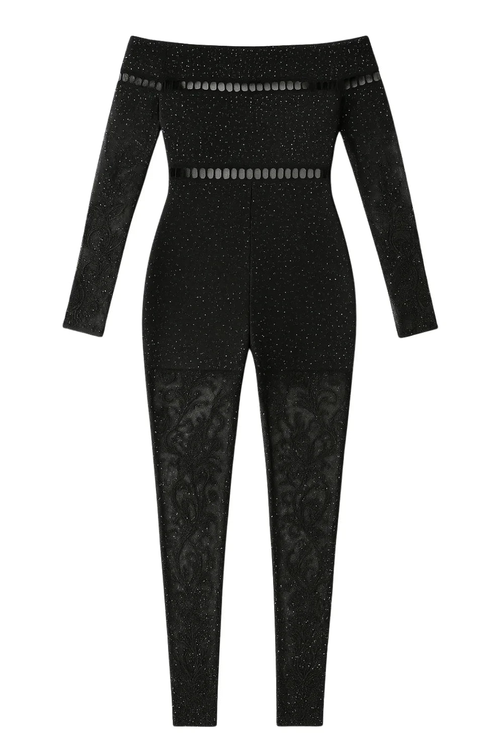 Black long-sleeve top and leggings set on a white background
