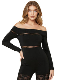 Thumbnail for Off Shoulder Long Sleeve Sheer Jumpsuit Women's Fashion High Stretch Hollow Out Sexy Sparkly Party Rompers
