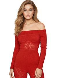 Thumbnail for Off Shoulder Long Sleeve Sheer Jumpsuit Women's Fashion High Stretch Hollow Out Sexy Sparkly Party Rompers