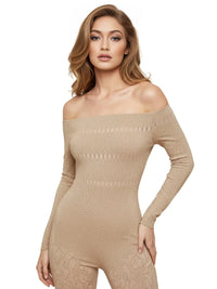 Thumbnail for Off Shoulder Long Sleeve Sheer Jumpsuit Women's Fashion High Stretch Hollow Out Sexy Sparkly Party Rompers