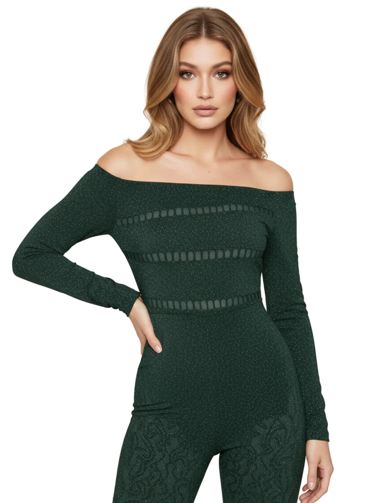 Off Shoulder Long Sleeve Sheer Jumpsuit Women's Fashion High Stretch Hollow Out Sexy Sparkly Party Rompers