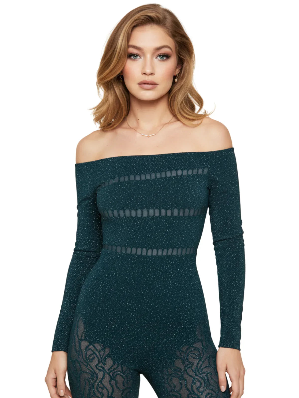 Off Shoulder Long Sleeve Sheer Jumpsuit Women's Fashion High Stretch Hollow Out Sexy Sparkly Party Rompers