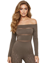 Thumbnail for Off Shoulder Long Sleeve Sheer Jumpsuit Women's Fashion High Stretch Hollow Out Sexy Sparkly Party Rompers