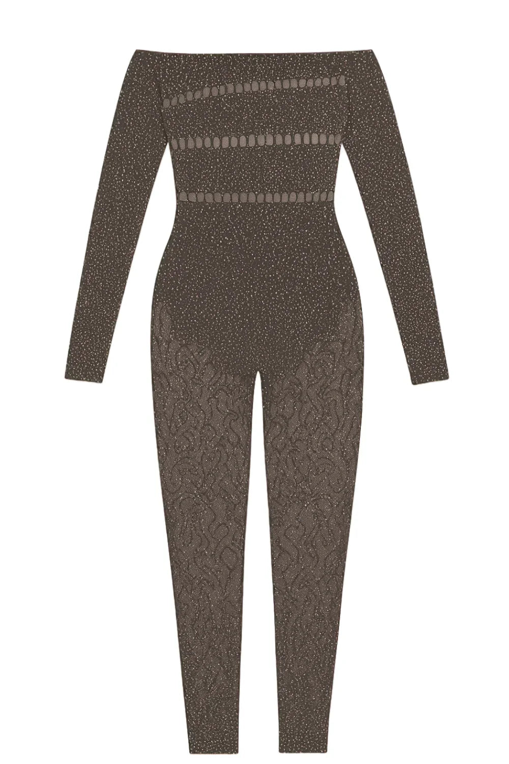 Brown off-shoulder jumpsuit on a white background