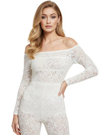 Thumbnail for Off Shoulder Long Sleeve Sheer Jumpsuit Women's Fashion High Stretch Hollow Out Sexy Sparkly Party Rompers