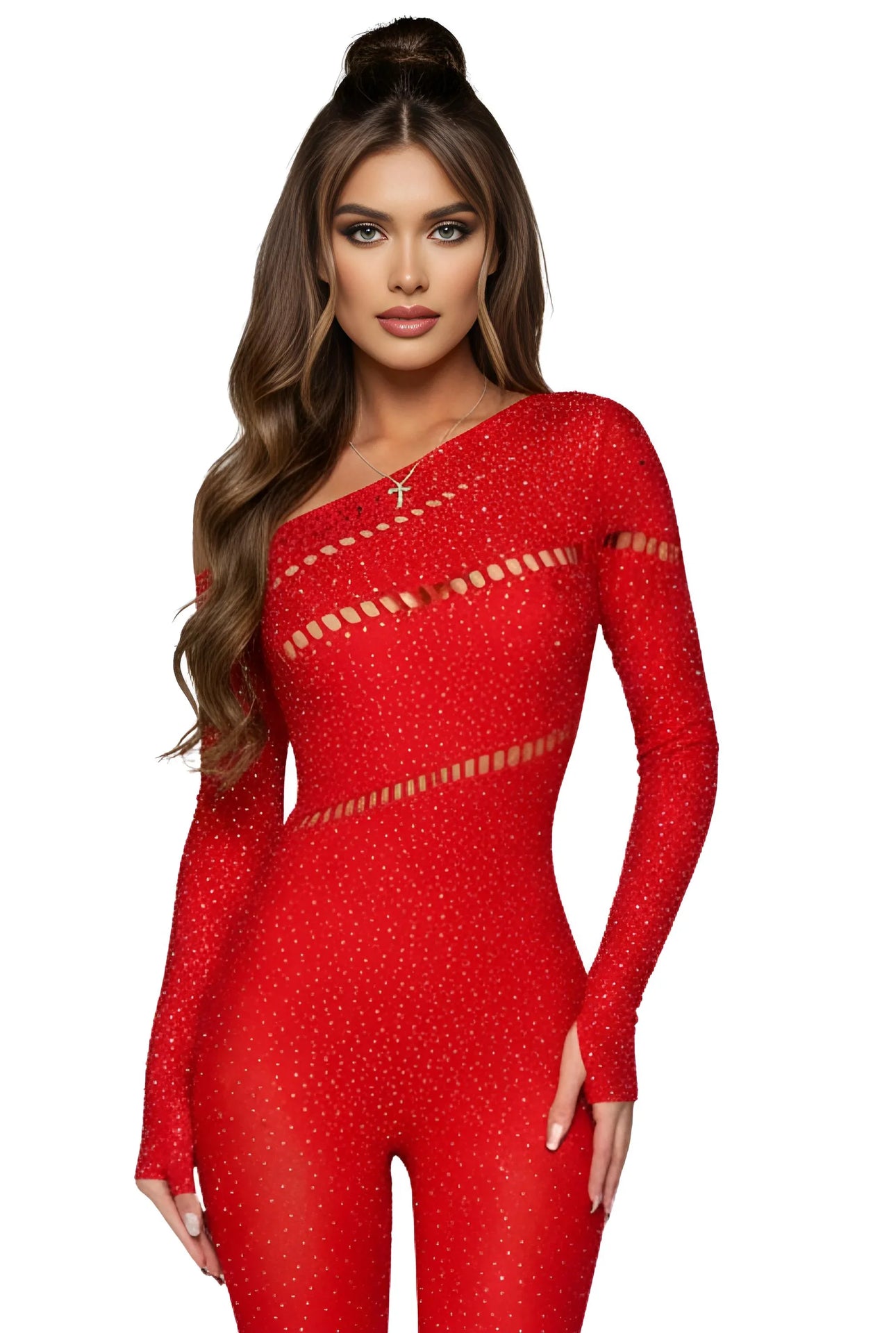 Red sparkly jumpsuit worn by a model on a white background