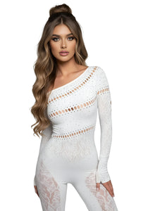 Thumbnail for Woman wearing a white lace outfit on a white background