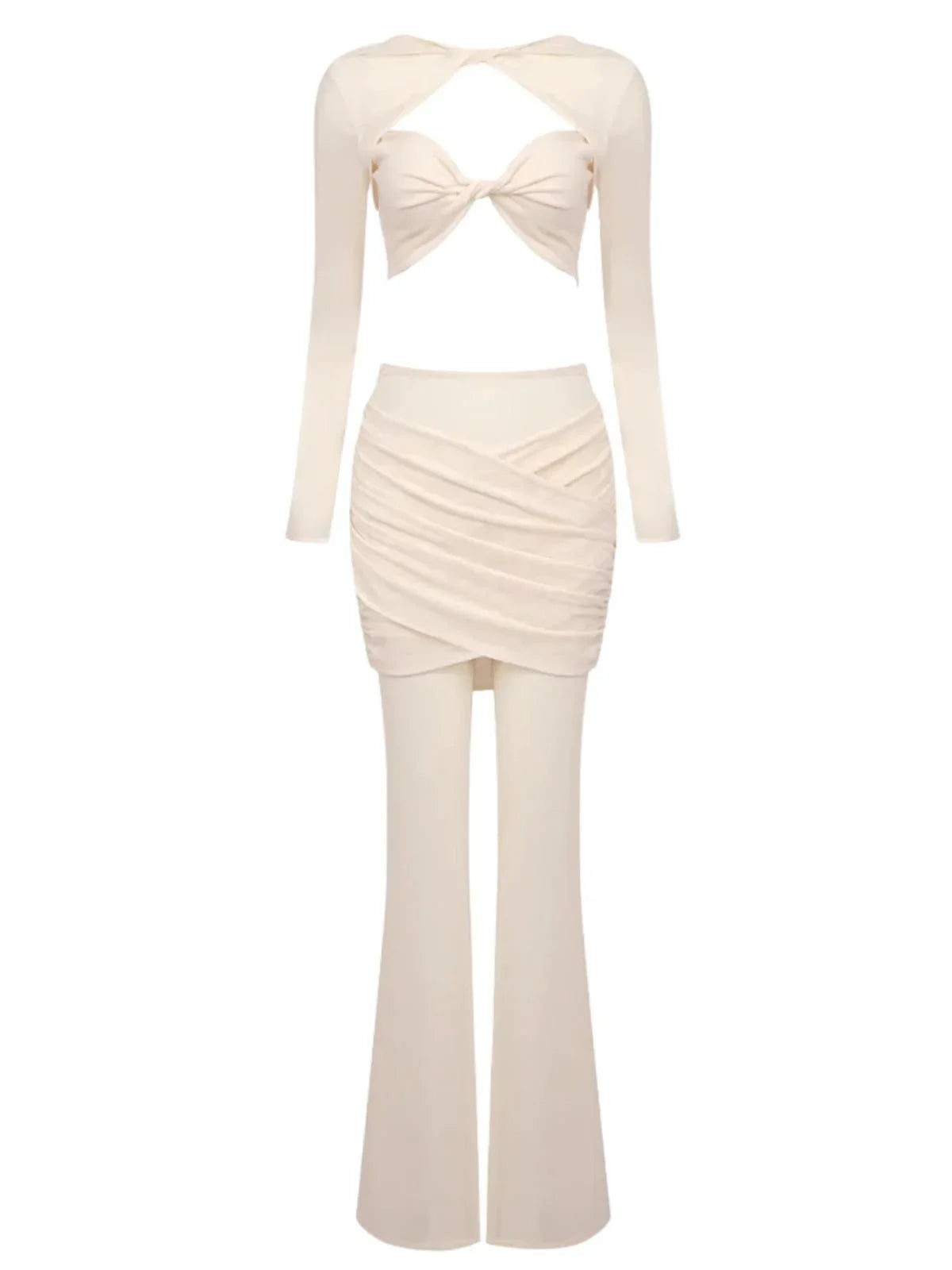 Woman's sheer 2 piece beige pant set with a hollow out crop top on a white background
