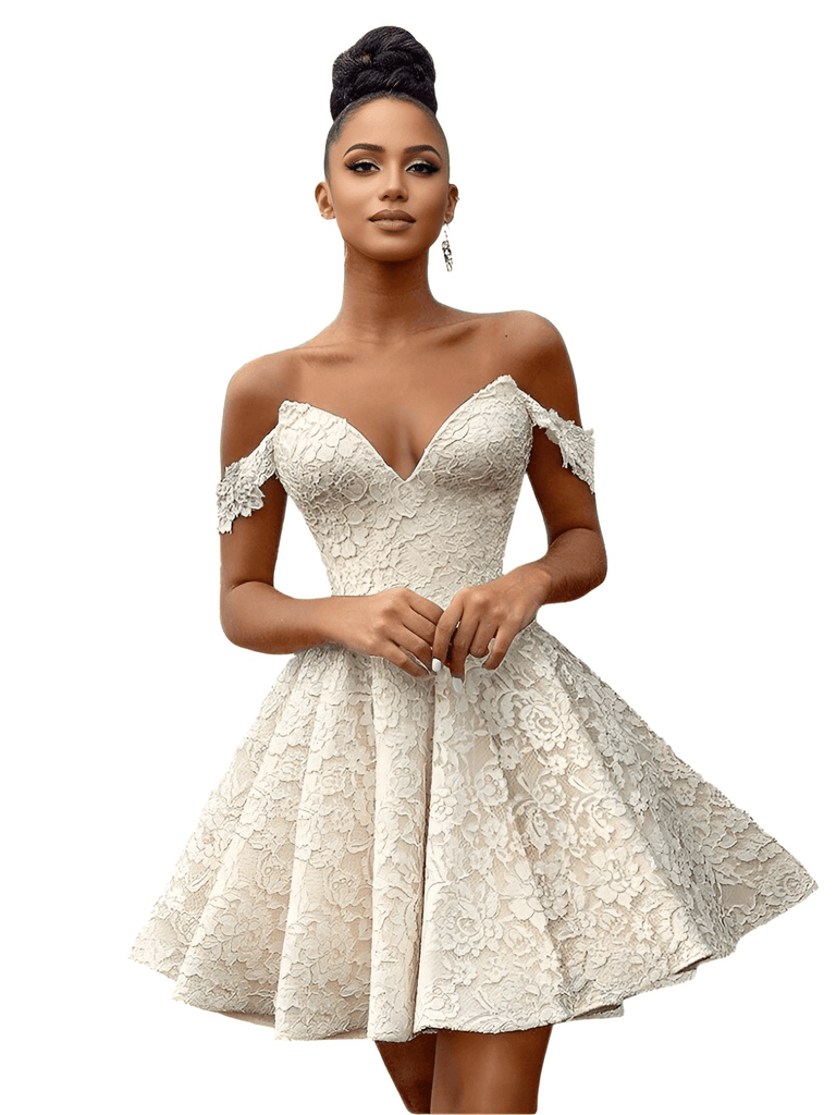 Trendy off-the-shoulder white mini formal dress for women. Get free shipping and tax covered at Drestiny! Shop dresses and save up to 50% off!