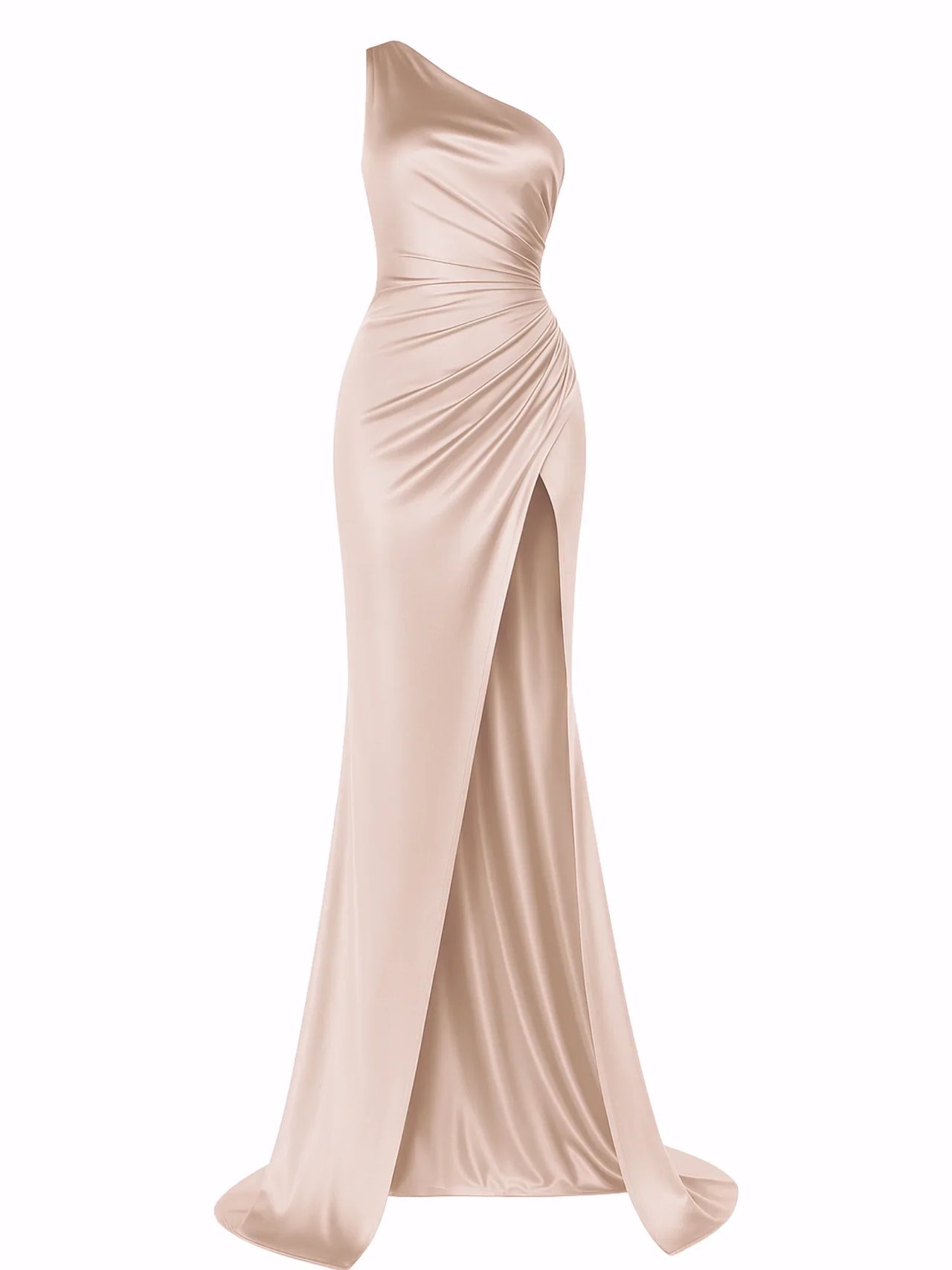 Champagne one-shoulder draped maxi dress with a high slit on a white background