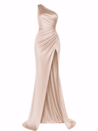 Thumbnail for Champagne one-shoulder draped maxi dress with a high slit on a white background