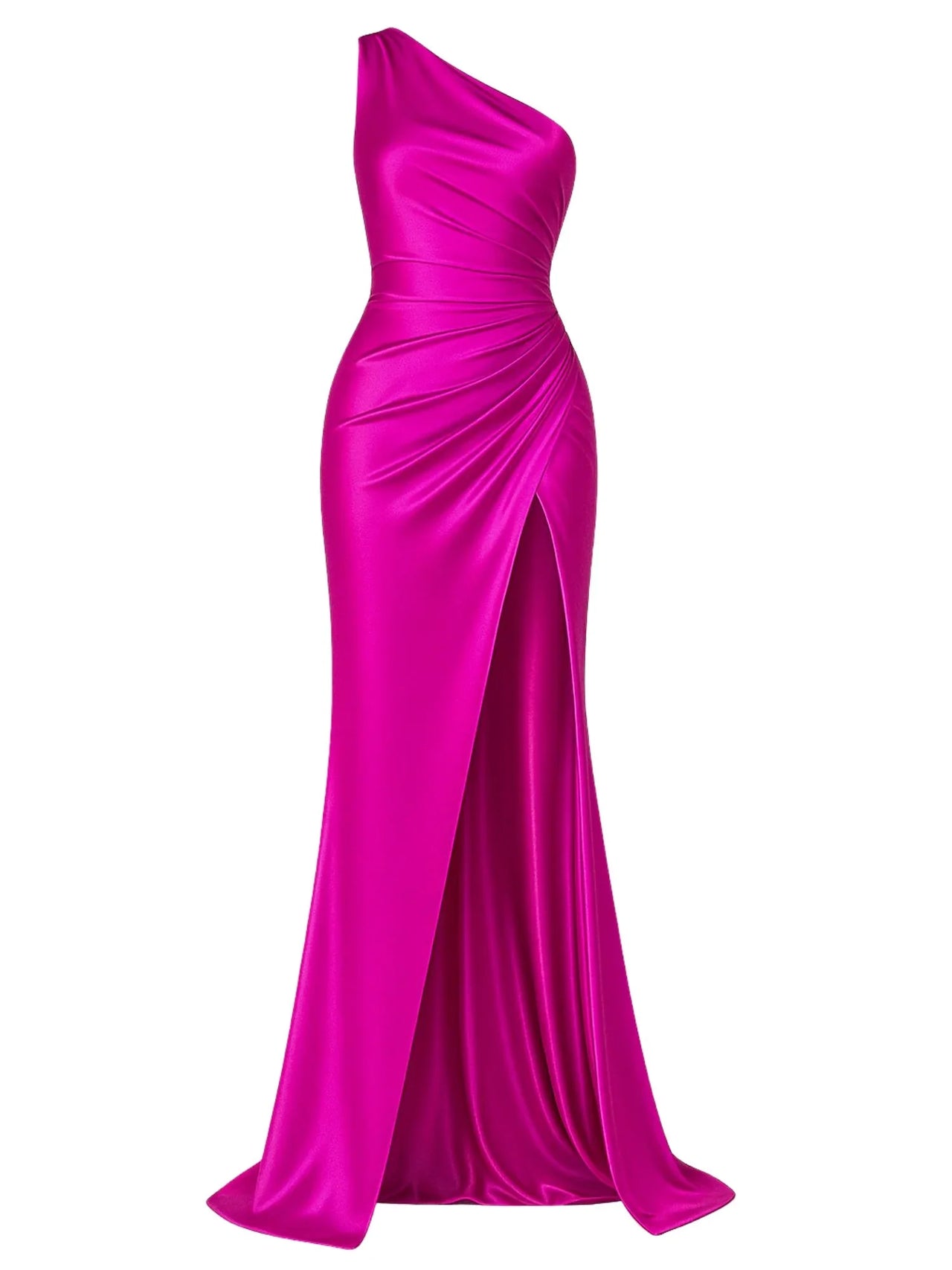 Fuchsia one-shoulder draped maxi dress with a high slit on a white background