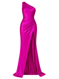 Thumbnail for Fuchsia one-shoulder draped maxi dress with a high slit on a white background