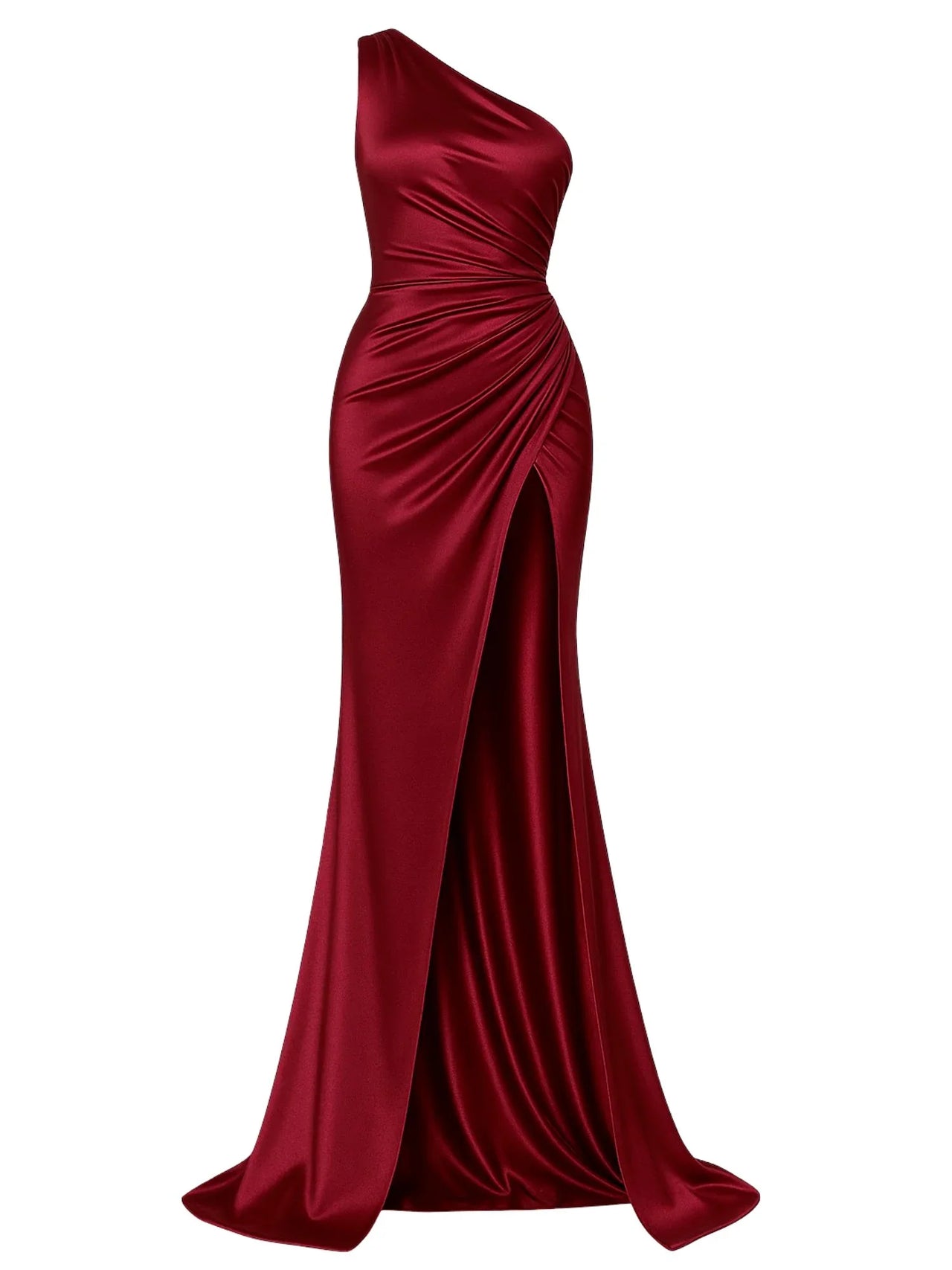 Red one-shoulder draped maxi dress with a high slit on a white background