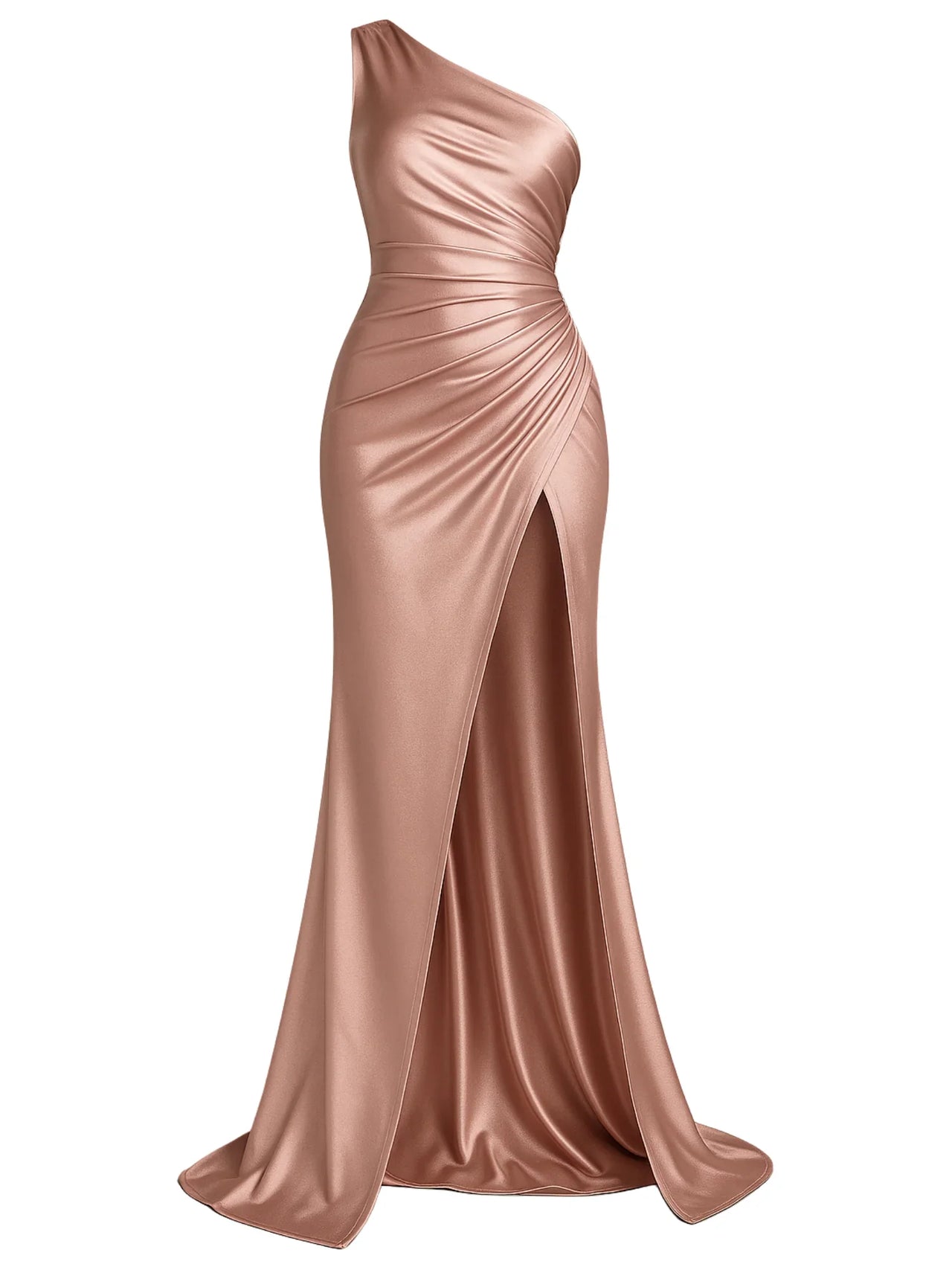 Rose gold one-shoulder draped maxi dress with a high slit on a white background