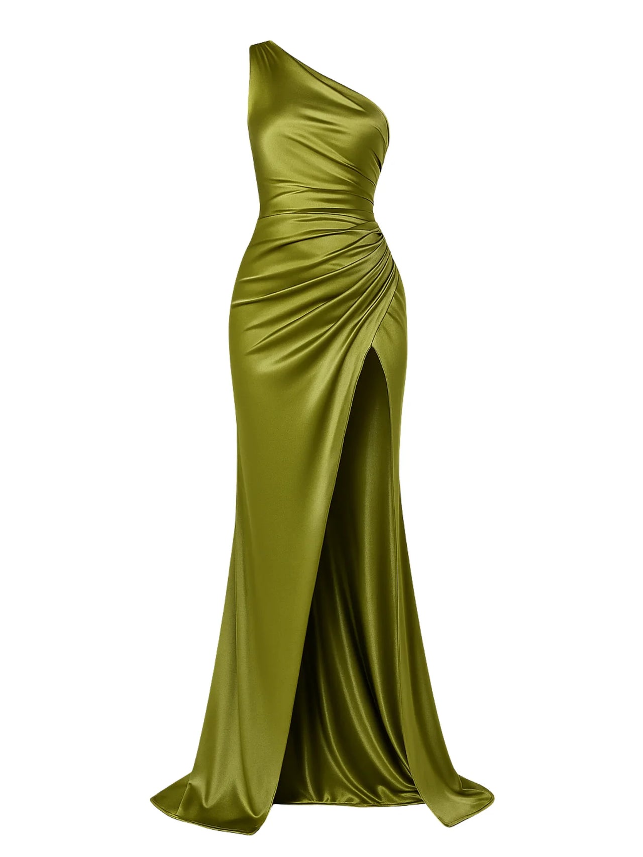 Olive green one-shoulder draped maxi dress with a high slit on a white background