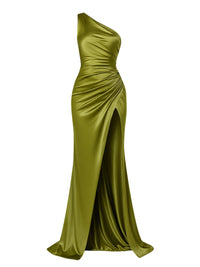 Thumbnail for Olive green one-shoulder draped maxi dress with a high slit on a white background