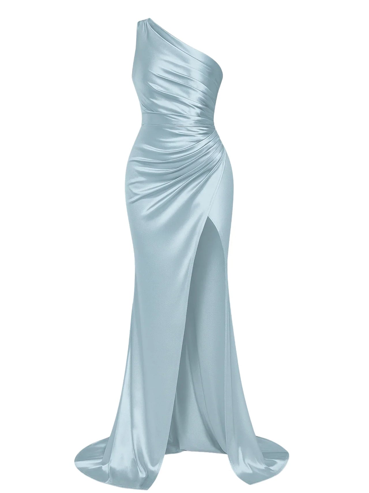 Sky blue one-shoulder draped maxi dress with a high slit on a white background