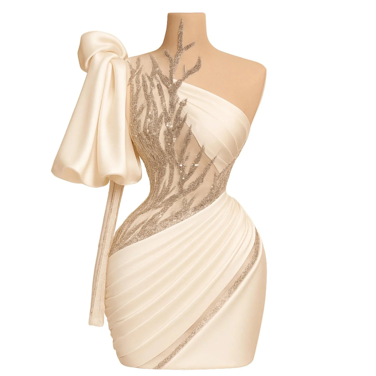 Ivory one-shoulder dress with floral embroidery on a mannequin against a white background