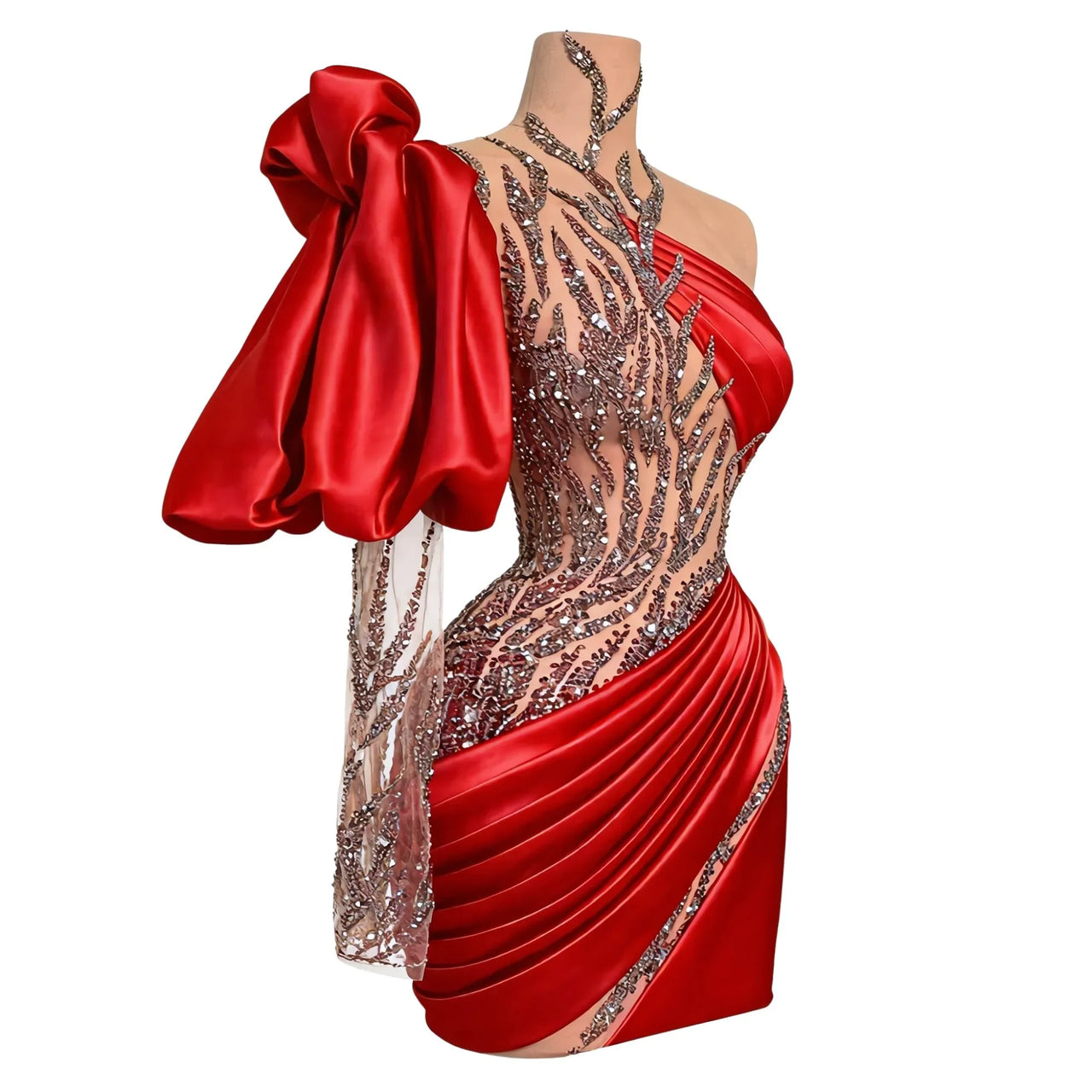 Red mini dress with sequin detailing on a mannequin against a white background