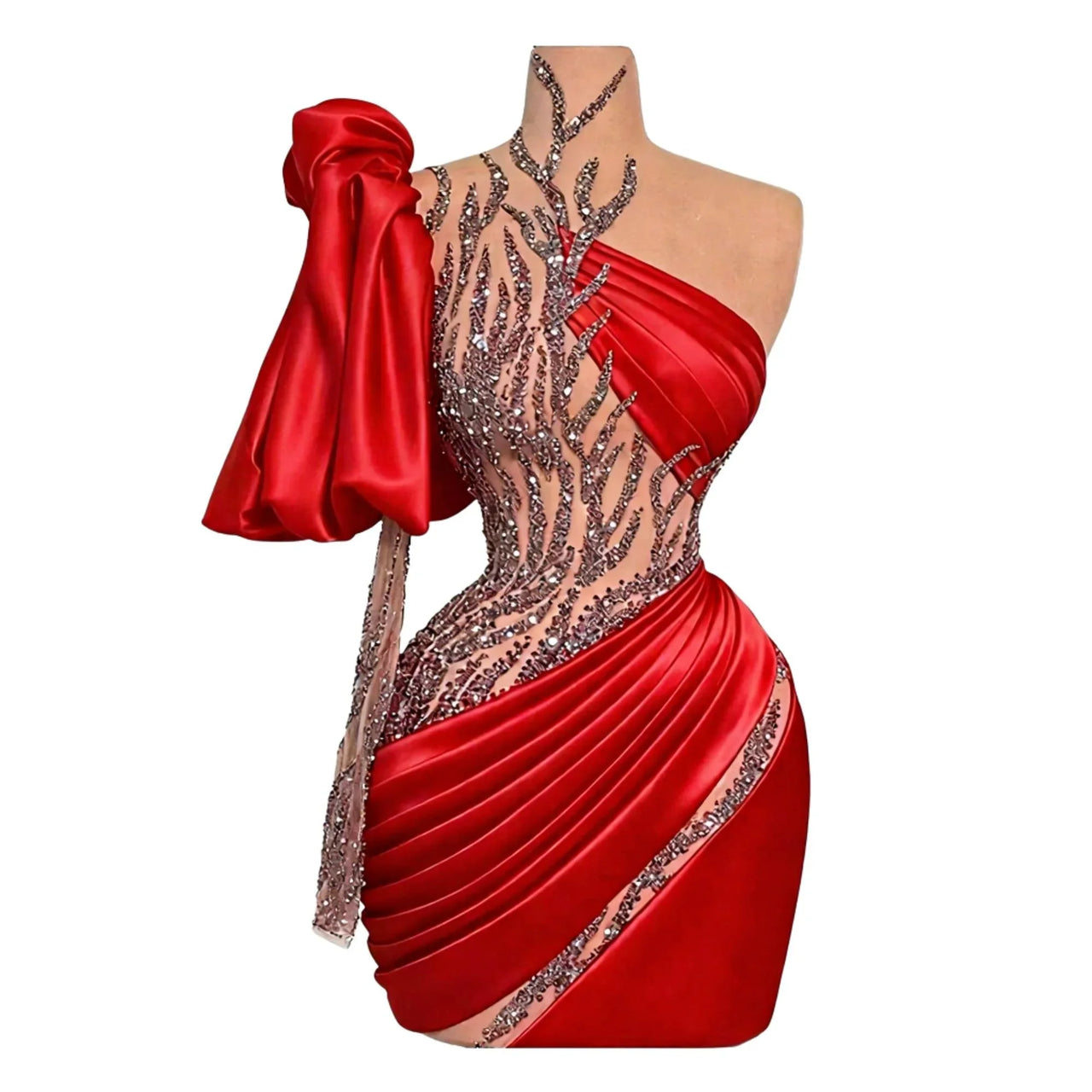 Red dress with intricate crystal beading on a mannequin against a white background