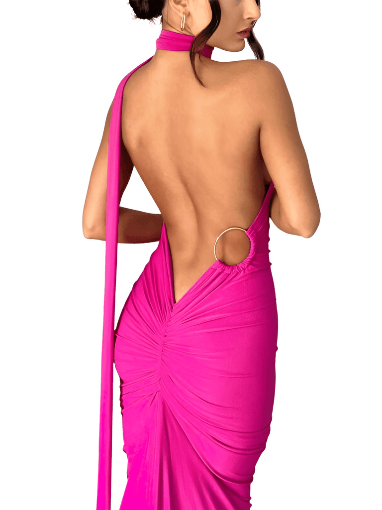One Shoulder Backless Sexy Hot Pink Maxi Dress