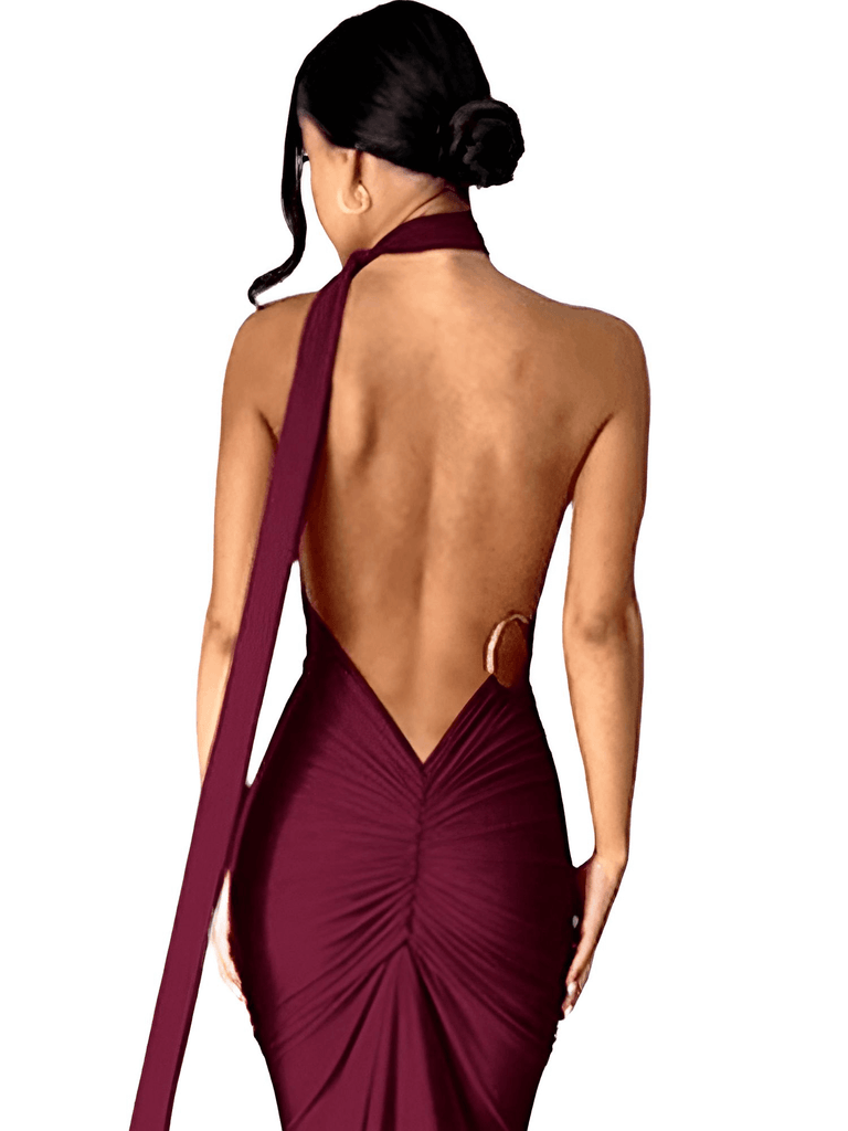One Shoulder Backless Sexy Dark Red Maxi Dress