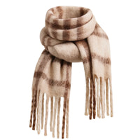 Thumbnail for Beige and brown striped scarf with fringes on a white background