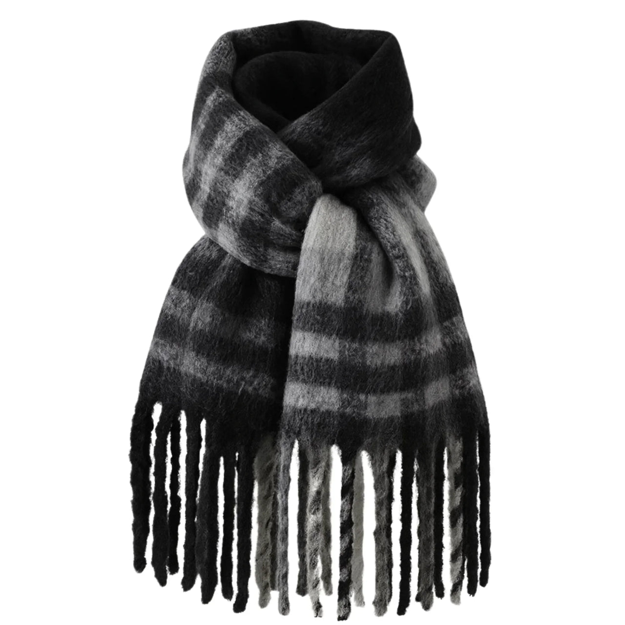 Black and gray checkered scarf with fringes on a white background