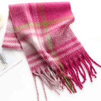 Thumbnail for Pink and green plaid scarf with fringes on a white background