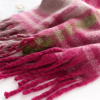Thumbnail for Close-up of a pink and green plaid scarf with tassels on a white background