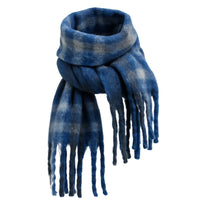 Thumbnail for Blue plaid scarf with fringe on a white background