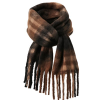 Thumbnail for Brown plaid scarf with fringes on a white background