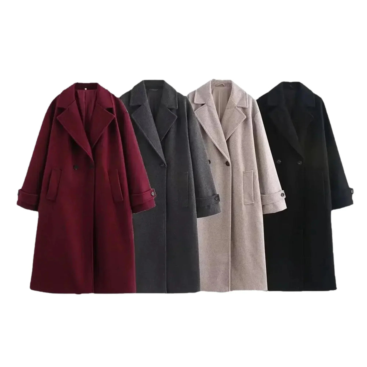 Four double breasted coats with pockets and turn down collar  in different colors on a white background