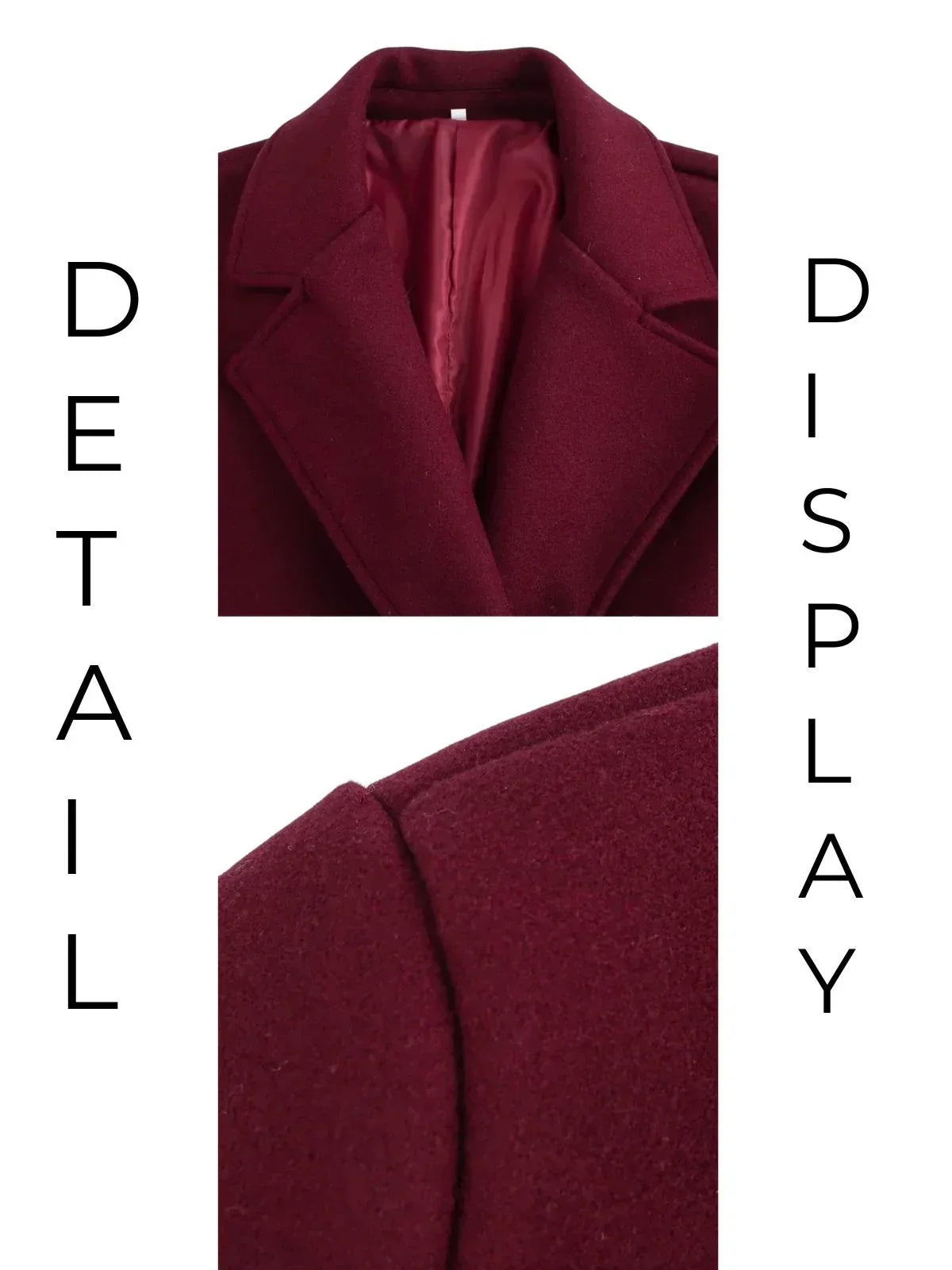 Close-up of a wine red coat with text 'DETAIL' on the left and 'DISPLAY' on the right.