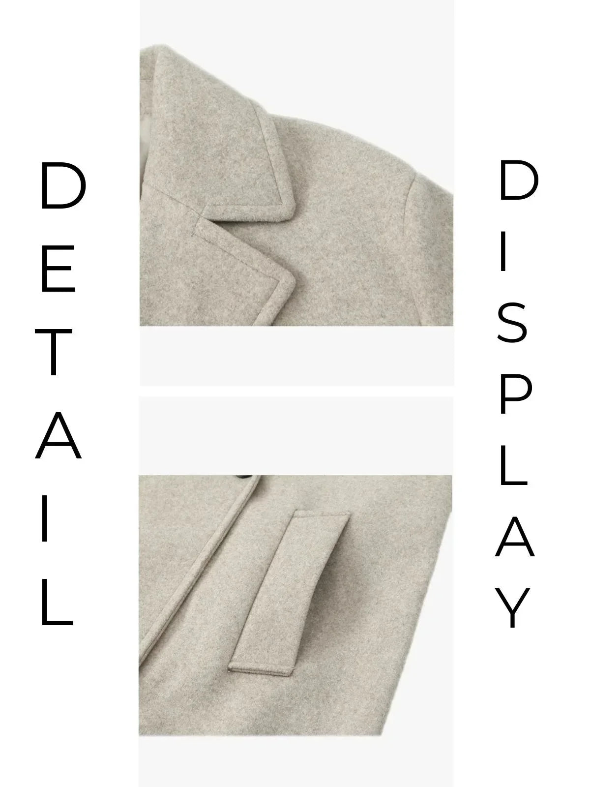 Close-up of a beige coat with text 'Detail' and 'Display' on a white background