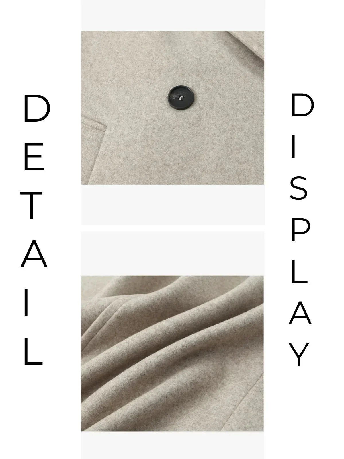 Close-up of beige fabric with a button, labeled 'Detail' on a white background.