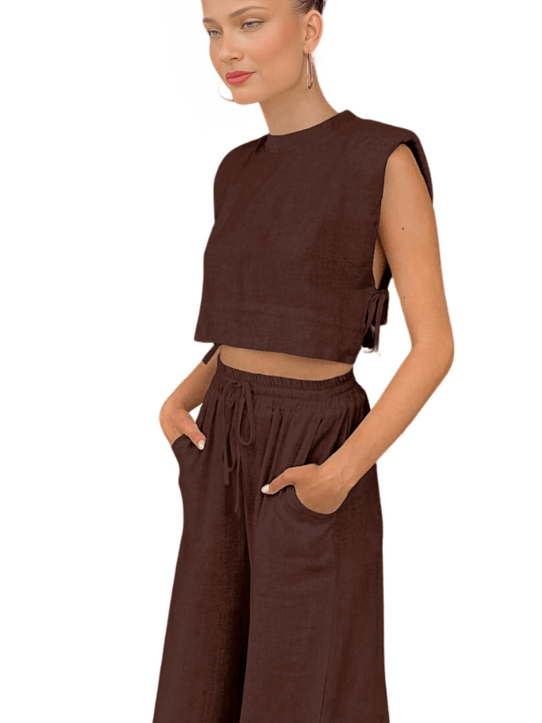 Step into summer fashion with this fabulous Brown Pants & Laced Sides Crop Top 2-Piece Matching Set for women. Explore our collection of trendy summer sets at Drestiny and enjoy the convenience of free shipping. We'll even take care of the tax! Save up to 50% o